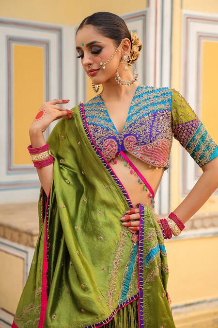 Label Niti Bothra_Green Silk Embroidery, Stones V-neck Pleated Lehenga Floral Blouse Set _at_Aza_Fashions