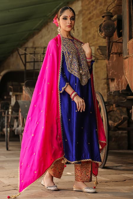 Label Niti Bothra Blue Kurta Pure Banarasi Spun Silk Embroidery Zari Flower Resham With Salwar 