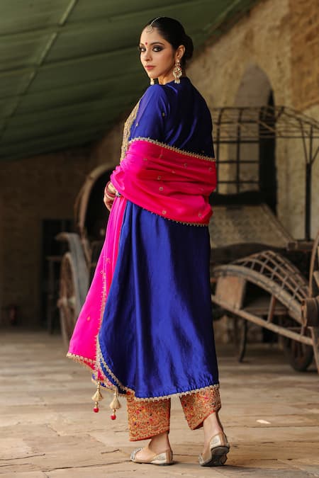 Shop_Label Niti Bothra_Blue Silk, Chanderi Embroidery Round Neck Flower Resham Kurta With Salwar _at_Aza_Fashions