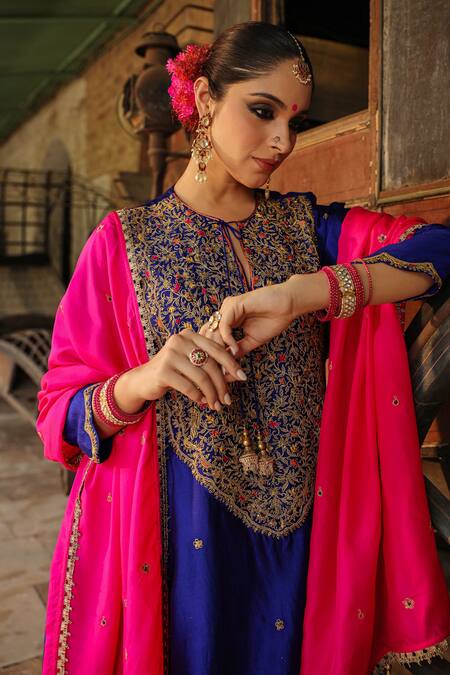 Buy_Label Niti Bothra_Blue Silk, Chanderi Embroidery Round Neck Flower Resham Kurta With Salwar _Online_at_Aza_Fashions