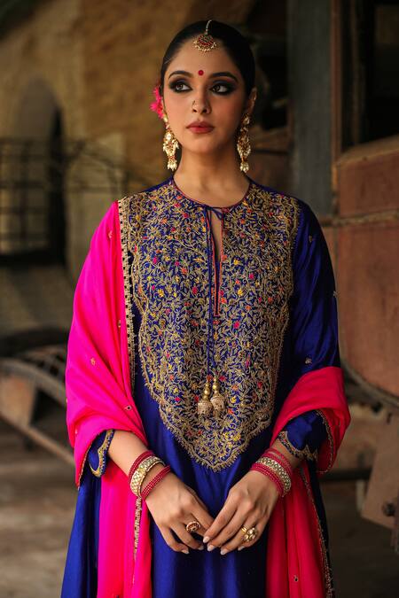 Shop_Label Niti Bothra_Blue Silk, Chanderi Embroidery Round Neck Flower Resham Kurta With Salwar _Online_at_Aza_Fashions