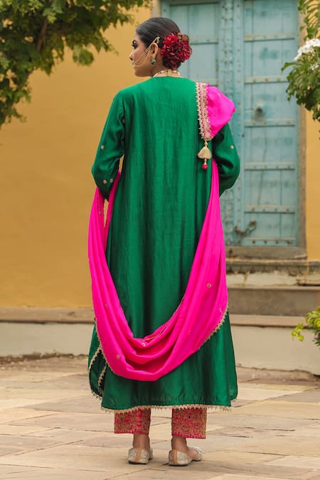 Shop_Label Niti Bothra_Green Silk, Chanderi Embroidery Round Neck Resham Kurta With Salwar _at_Aza_Fashions