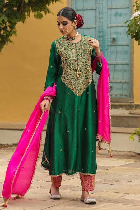 Buy_Label Niti Bothra_Green Silk, Chanderi Embroidery Round Neck Resham Kurta With Salwar _Online_at_Aza_Fashions