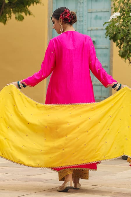 Shop_Label Niti Bothra_Pink Silk, Chanderi Zari, Embroidery Round Neck Resham And Dori Kurta With Salwar _at_Aza_Fashions