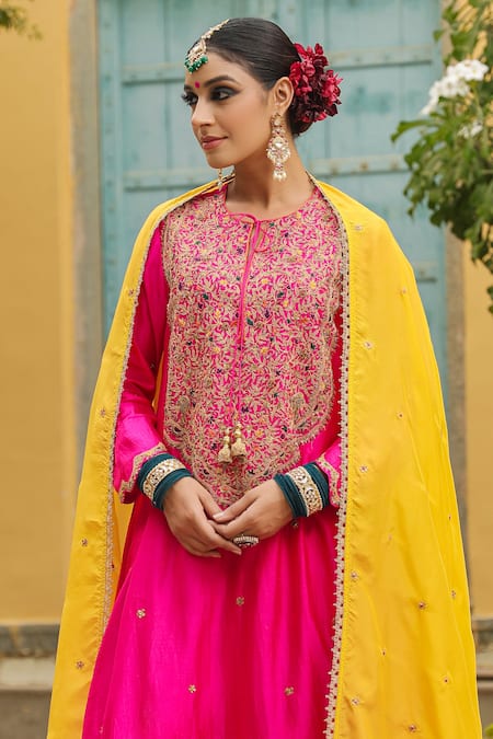 Buy Label Niti Bothra Pink Silk, Chanderi Zari, Embroidery Round Neck Resham And Dori Kurta With Salwar Buy_Label Niti Bothra_Pink Silk, Chanderi Zari, Embroidery Round Neck Resham And Dori Kurta With Salwar