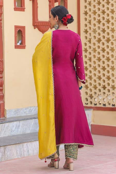 Shop_Label Niti Bothra_Wine Silk, Chanderi Embroidery, Zari Round Neck Floral Dori Kurta With Salwar _at_Aza_Fashions