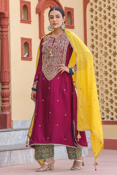 Label Niti Bothra_Wine Silk, Chanderi Embroidery, Zari Round Neck Floral Dori Kurta With Salwar _Online_at_Aza_Fashions