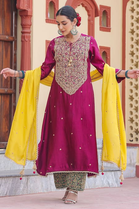Buy_Label Niti Bothra_Wine Silk, Chanderi Embroidery, Zari Round Neck Floral Dori Kurta With Salwar _Online_at_Aza_Fashions