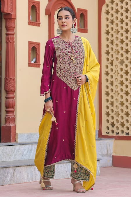 Shop_Label Niti Bothra_Wine Silk, Chanderi Embroidery, Zari Round Neck Floral Dori Kurta With Salwar _Online_at_Aza_Fashions