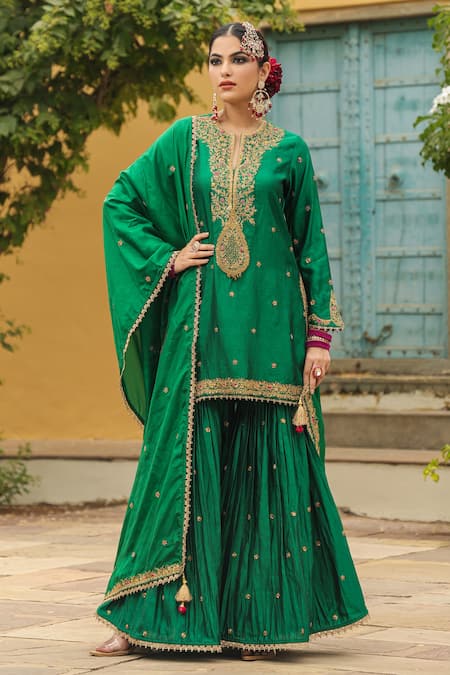 Label Niti Bothra Green Pure Banarasi Spun Silk Embroidery Zari Flower Placket Kurta Sharara Set 