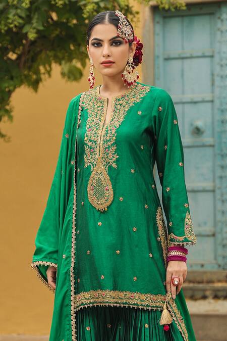 Label Niti Bothra_Green Silk Zari, Embroidery, Tassels Split Flower Placket Kurta Sharara Set _Online_at_Aza_Fashions