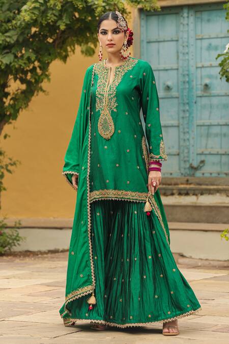Buy_Label Niti Bothra_Green Silk Zari, Embroidery, Tassels Split Flower Placket Kurta Sharara Set _Online_at_Aza_Fashions
