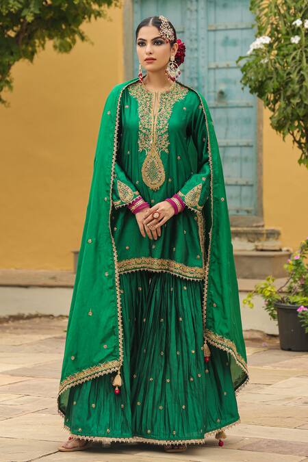 Shop_Label Niti Bothra_Green Silk Zari, Embroidery, Tassels Split Flower Placket Kurta Sharara Set _Online_at_Aza_Fashions