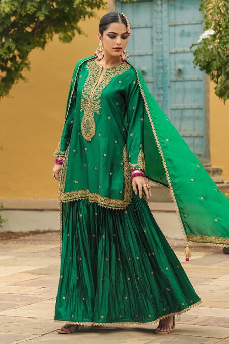 Label Niti Bothra_Green Silk Zari, Embroidery, Tassels Split Flower Placket Kurta Sharara Set _at_Aza_Fashions