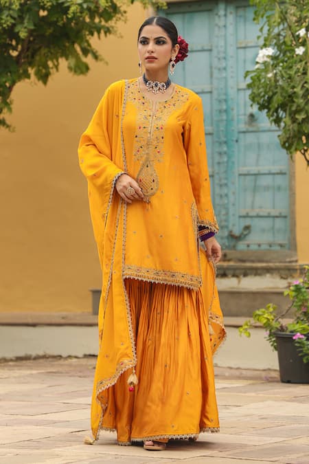 Label Niti Bothra Floral Embroidered Placket Kurta Sharara Set 