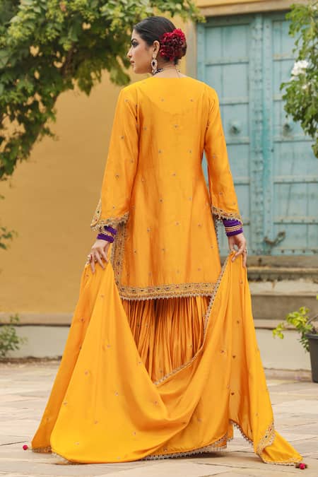 Shop_Label Niti Bothra_Yellow Silk Zari, Embroidery Split V-neck Floral Placket Kurta Sharara Set _at_Aza_Fashions