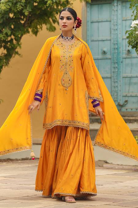Label Niti Bothra_Yellow Silk Zari, Embroidery Split V-neck Floral Placket Kurta Sharara Set _Online_at_Aza_Fashions