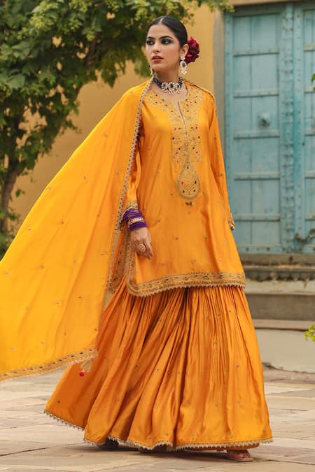 Shop_Label Niti Bothra_Yellow Silk Zari, Embroidery Split V-neck Floral Placket Kurta Sharara Set _Online_at_Aza_Fashions