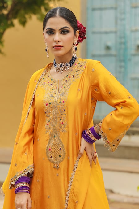 Label Niti Bothra_Yellow Silk Zari, Embroidery Split V-neck Floral Placket Kurta Sharara Set _at_Aza_Fashions