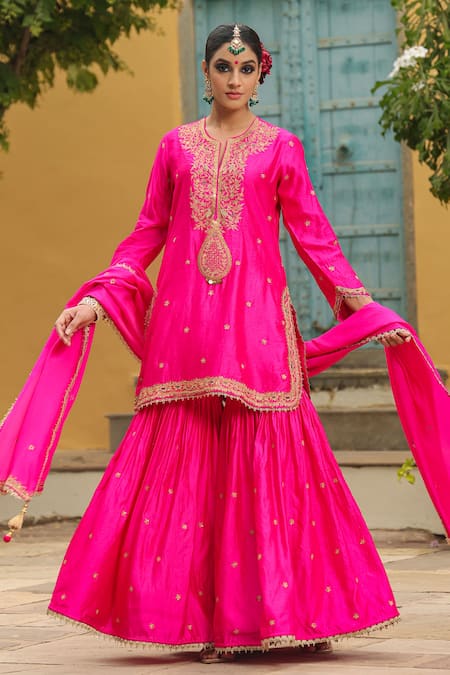 Label Niti Bothra Pink Pure Banarasi Spun Silk Embroidery Zari Dori Placket Kurta Sharara Set 