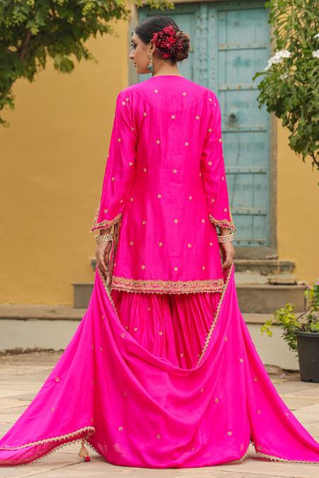 Shop_Label Niti Bothra_Pink Silk Embroidery, Zari, Sequins Split V-neck Dori Placket Kurta Sharara Set _at_Aza_Fashions