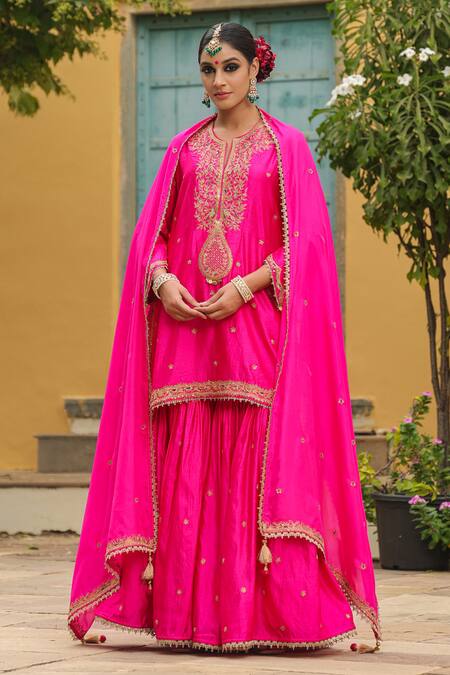 Label Niti Bothra_Pink Silk Embroidery, Zari, Sequins Split V-neck Dori Placket Kurta Sharara Set _Online_at_Aza_Fashions