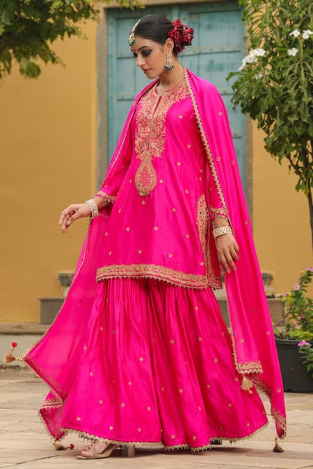 Buy_Label Niti Bothra_Pink Silk Embroidery, Zari, Sequins Split V-neck Dori Placket Kurta Sharara Set _Online_at_Aza_Fashions