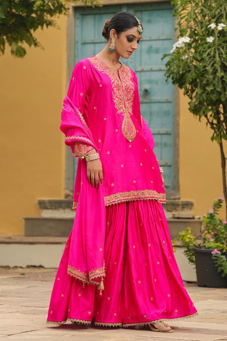 Shop_Label Niti Bothra_Pink Silk Embroidery, Zari, Sequins Split V-neck Dori Placket Kurta Sharara Set _Online_at_Aza_Fashions