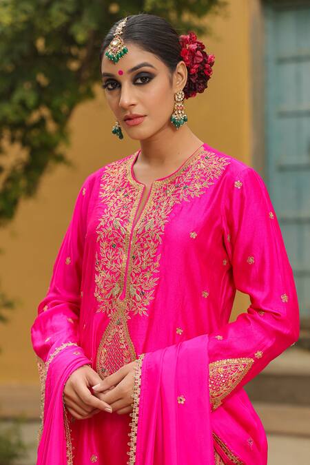 Label Niti Bothra_Pink Silk Embroidery, Zari, Sequins Split V-neck Dori Placket Kurta Sharara Set _at_Aza_Fashions