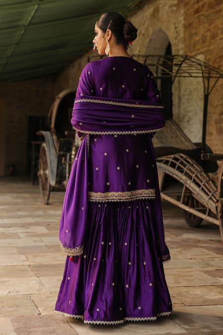 Shop_Label Niti Bothra_Purple Silk Embroidery, Sequins, Zari Split V-neck Placket Kurta Sharara Set _at_Aza_Fashions