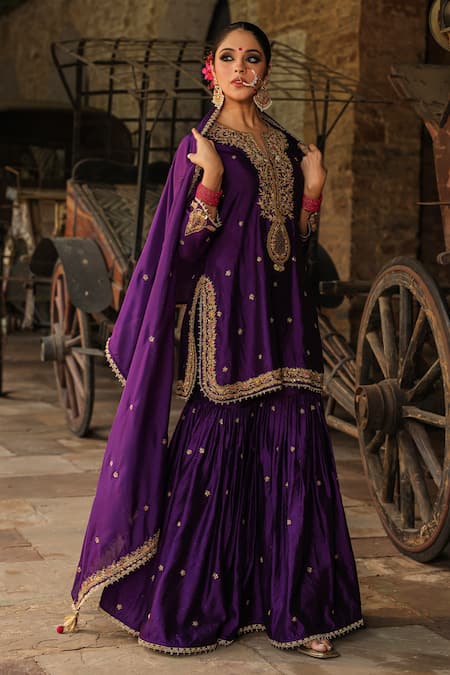 Label Niti Bothra_Purple Silk Embroidery, Sequins, Zari Split V-neck Placket Kurta Sharara Set _Online_at_Aza_Fashions