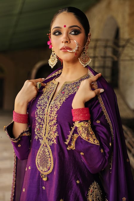 Buy_Label Niti Bothra_Purple Silk Embroidery, Sequins, Zari Split V-neck Placket Kurta Sharara Set _Online_at_Aza_Fashions