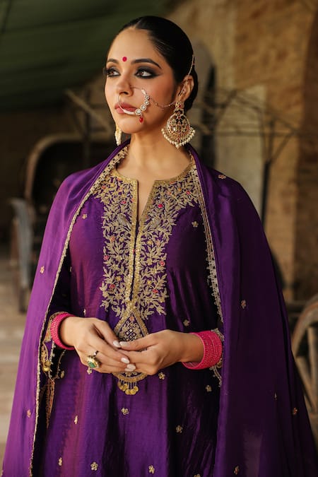Shop_Label Niti Bothra_Purple Silk Embroidery, Sequins, Zari Split V-neck Placket Kurta Sharara Set _Online_at_Aza_Fashions