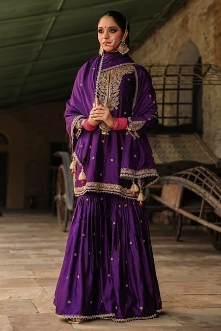 Label Niti Bothra_Purple Silk Embroidery, Sequins, Zari Split V-neck Placket Kurta Sharara Set _at_Aza_Fashions
