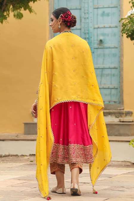 Shop_Label Niti Bothra_Pink Silk, Chanderi Sequins, Embroidery, Tassels V-neck Banarasi Anarkali Set _at_Aza_Fashions