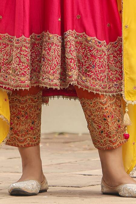 Label Niti Bothra Pink Silk, Chanderi Sequins, Embroidery, Tassels V-neck Banarasi Anarkali Set Online at Aza Fashions Label Niti Bothra_Pink Silk, Chanderi Sequins, Embroidery, Tassels V-neck Banarasi Anarkali Set _Online_at_Aza_Fashions