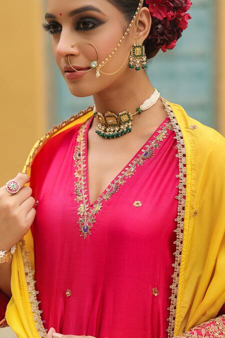 Buy_Label Niti Bothra_Pink Silk, Chanderi Sequins, Embroidery, Tassels V-neck Banarasi Anarkali Set 
