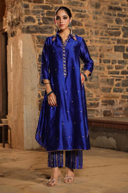 Label Niti Bothra Blue Pure Banarasi Spun Silk Woven And Embroidered Resham Kurta & Palazzo Set 