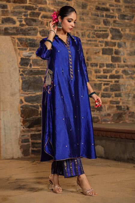 Label Niti Bothra_Blue Silk Pearls, Sequins, Embroidery Banarasi Resham Kurta And Palazzo Set_Online_at_Aza_Fashions