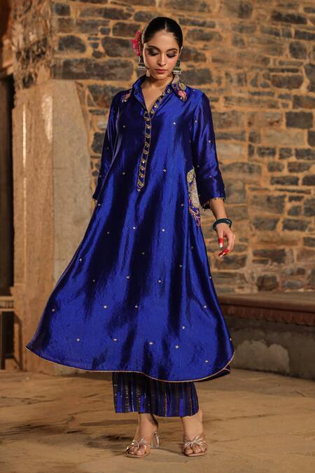 Buy_Label Niti Bothra_Blue Silk Pearls, Sequins, Embroidery Banarasi Resham Kurta And Palazzo Set_Online_at_Aza_Fashions