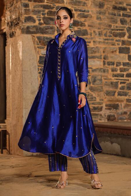 Shop_Label Niti Bothra_Blue Silk Pearls, Sequins, Embroidery Banarasi Resham Kurta And Palazzo Set_Online_at_Aza_Fashions