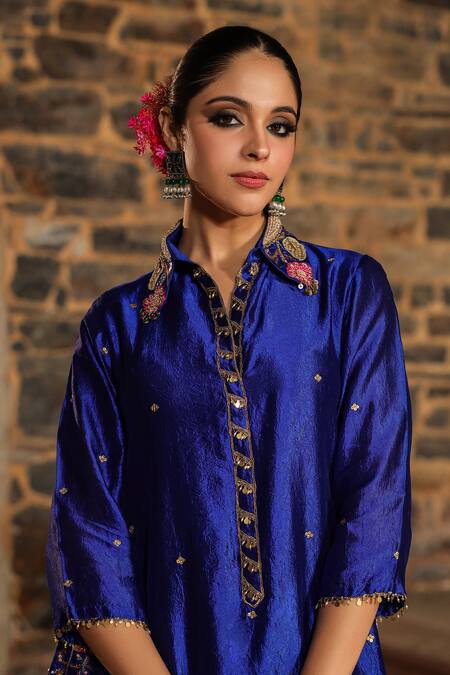 Label Niti Bothra_Blue Silk Pearls, Sequins, Embroidery Banarasi Resham Kurta And Palazzo Set_at_Aza_Fashions