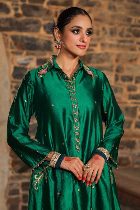 Label Niti Bothra_Green Silk Pearls, Sequins, Embroidery Resham Banarasi Kurta And Palazzo Set_at_Aza_Fashions