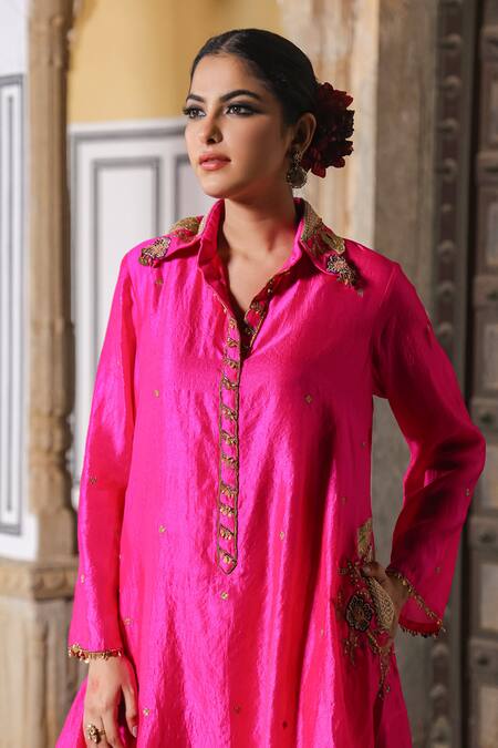 Label Niti Bothra_Pink Silk Pearls, Sequins, Embroidery Shawl Zari Banarasi Kurta And Palazzo Set_Online_at_Aza_Fashions