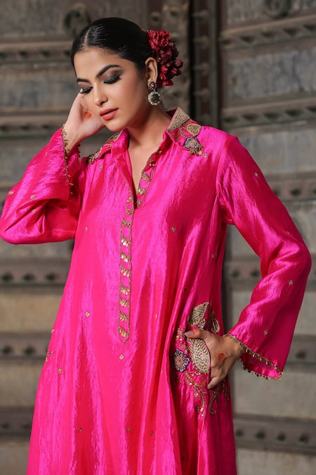 Buy_Label Niti Bothra_Pink Silk Pearls, Sequins, Embroidery Shawl Zari Banarasi Kurta And Palazzo Set_Online_at_Aza_Fashions