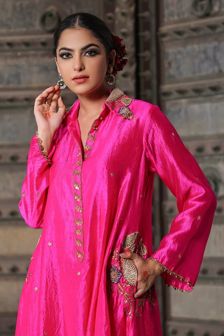 Shop_Label Niti Bothra_Pink Silk Pearls, Sequins, Embroidery Shawl Zari Banarasi Kurta And Palazzo Set_Online_at_Aza_Fashions