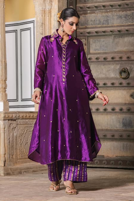 Label Niti Bothra Purple Pure Banarasi Spun Silk Woven And Embroidered Sequin Kurta & Palazzo Set 