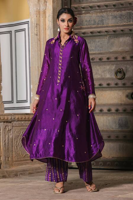 Label Niti Bothra_Purple Silk Pearls, Sequins, Zari Shawl Embroidered Banarasi Kurta And Palazzo Set_Online_at_Aza_Fashions