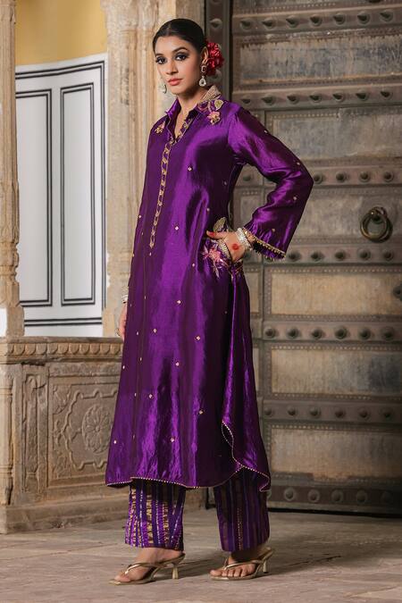 Buy_Label Niti Bothra_Purple Silk Pearls, Sequins, Zari Shawl Embroidered Banarasi Kurta And Palazzo Set_Online_at_Aza_Fashions