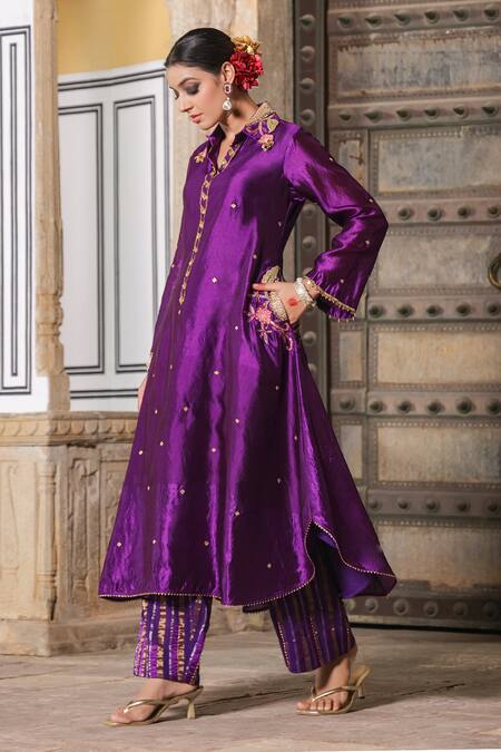 Shop_Label Niti Bothra_Purple Silk Pearls, Sequins, Zari Shawl Embroidered Banarasi Kurta And Palazzo Set_Online_at_Aza_Fashions